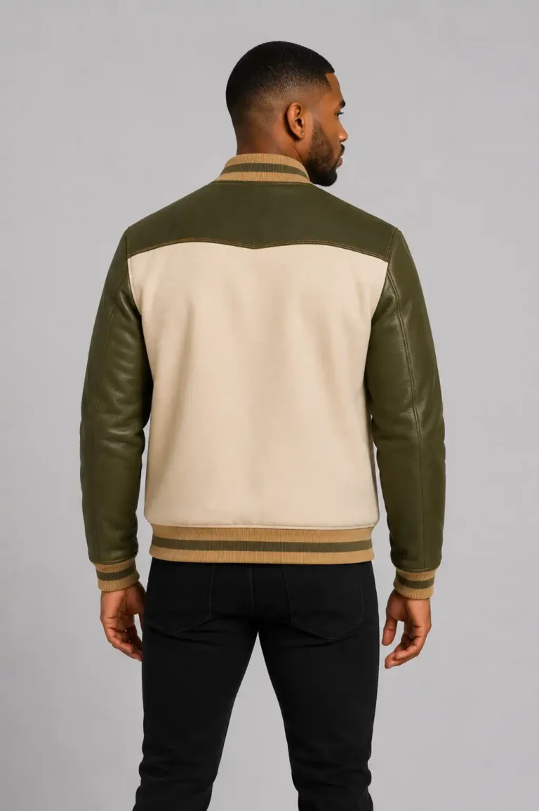 Cream Wool Varsity Jacket Olive Leather Sleeves Olive Chest Patch For Sale