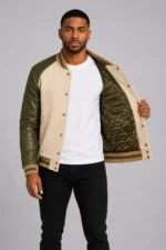 Cream Wool Varsity Jacket Olive Leather Sleeves Olive Chest Patch On Sale