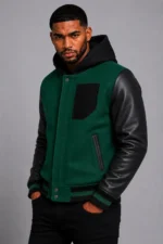Dark Green Hooded Varsity Jacket Black Leather Sleeves For Sale