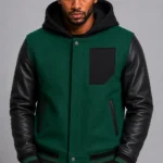 Dark Green Hooded Varsity Jacket Black Leather Sleeves Hood