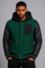 Dark Green Hooded Varsity Jacket Black Leather Sleeves Hood