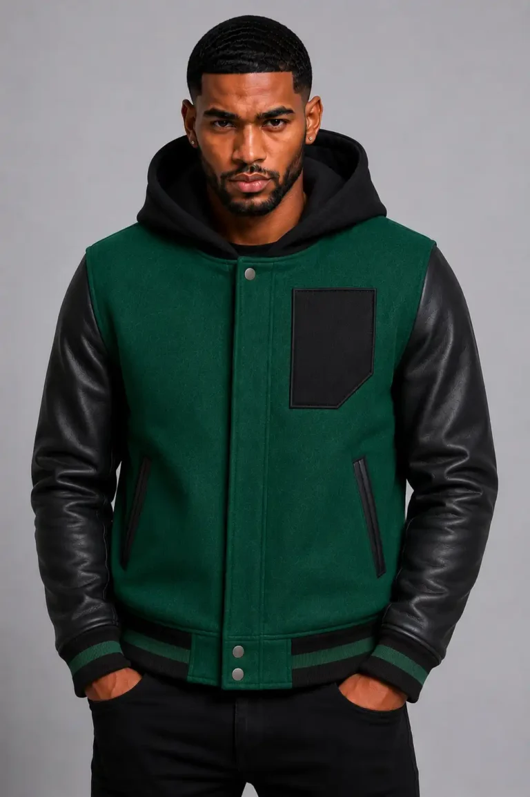 Dark Green Hooded Varsity Jacket Black Leather Sleeves Hood