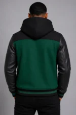 Dark Green Hooded Varsity Jacket Black Leather Sleeves Hood For Sale