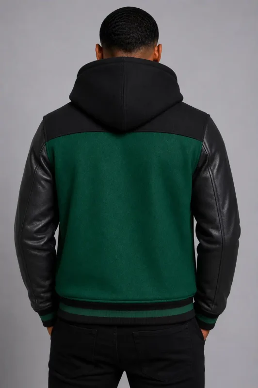 Dark Green Hooded Varsity Jacket Black Leather Sleeves Hood For Sale