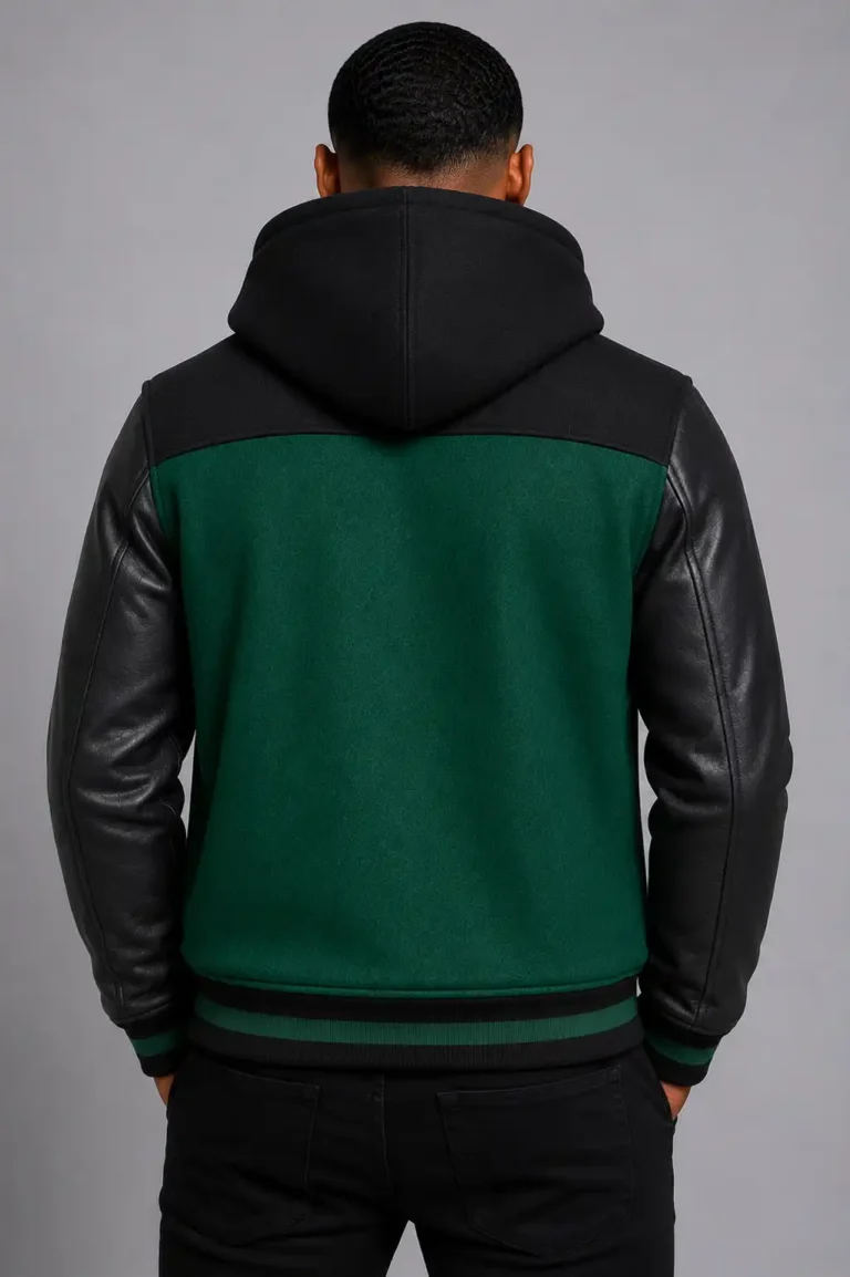Dark Green Hooded Varsity Jacket Black Leather Sleeves Hood For Sale