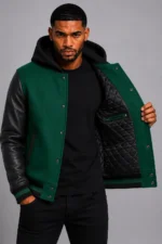 Dark Green Hooded Varsity Jacket Black Leather Sleeves Hood On Sale