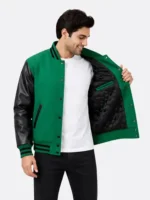 Dark Green Wool Varsity Jacket with Black Sleeves For Sale copy