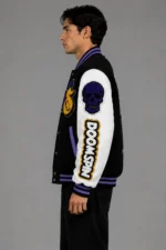 Doomspin Exclusive Black Purple Leather Sleeve Varsity Jacket