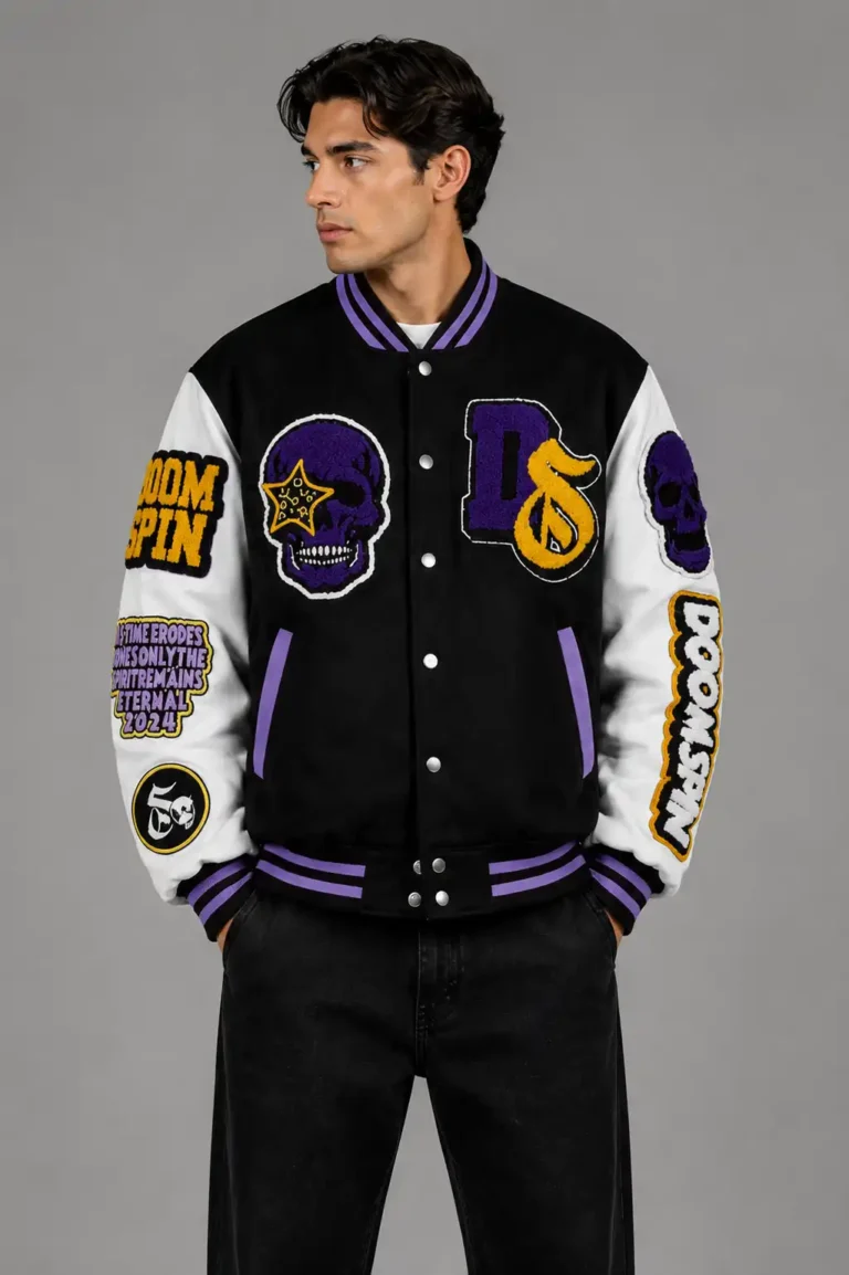 Doomspin Exclusive Black Wool Varsity Jacket Skull Graphic Patch