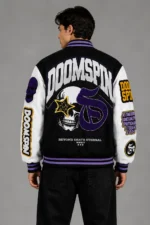 Doomspin Exclusive Black Wool Varsity Jacket Skull Graphic Patch For Sale