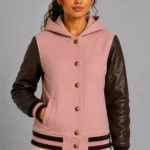 Dusty Pink Chocolate Leather Hooded Womens Varsity Jacket Rib