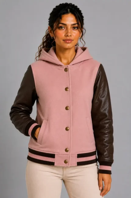 Dusty Pink Chocolate Leather Hooded Womens Varsity Jacket Rib
