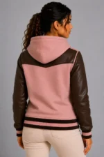 Dusty Pink Chocolate Leather Hooded Womens Varsity Jacket Rib For Sale