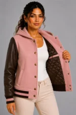 Dusty Pink Chocolate Leather Hooded Womens Varsity Jacket Rib On Sale