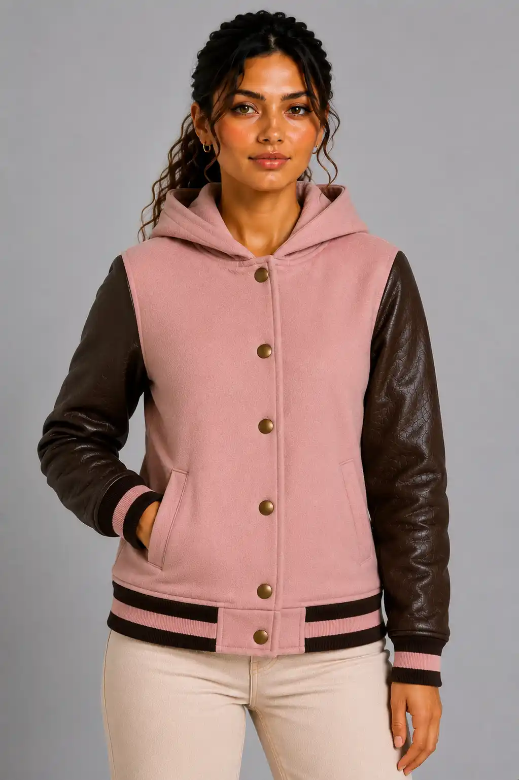 Dusty Pink Chocolate Leather Hooded Womens Varsity Jacket Rib