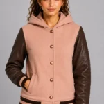Dusty Rose Chocolate Leather Hooded Womens Varsity Jacket Rib
