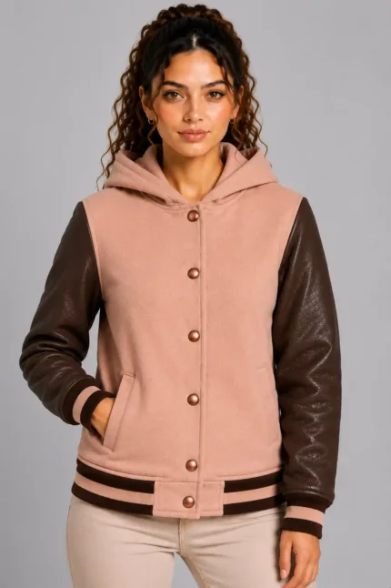 Dusty Rose Chocolate Leather Hooded Womens Varsity Jacket Rib