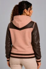 Dusty Rose Chocolate Leather Hooded Womens Varsity Jacket Rib For Sale