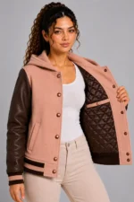 Dusty Rose Chocolate Leather Hooded Womens Varsity Jacket Rib On SALE