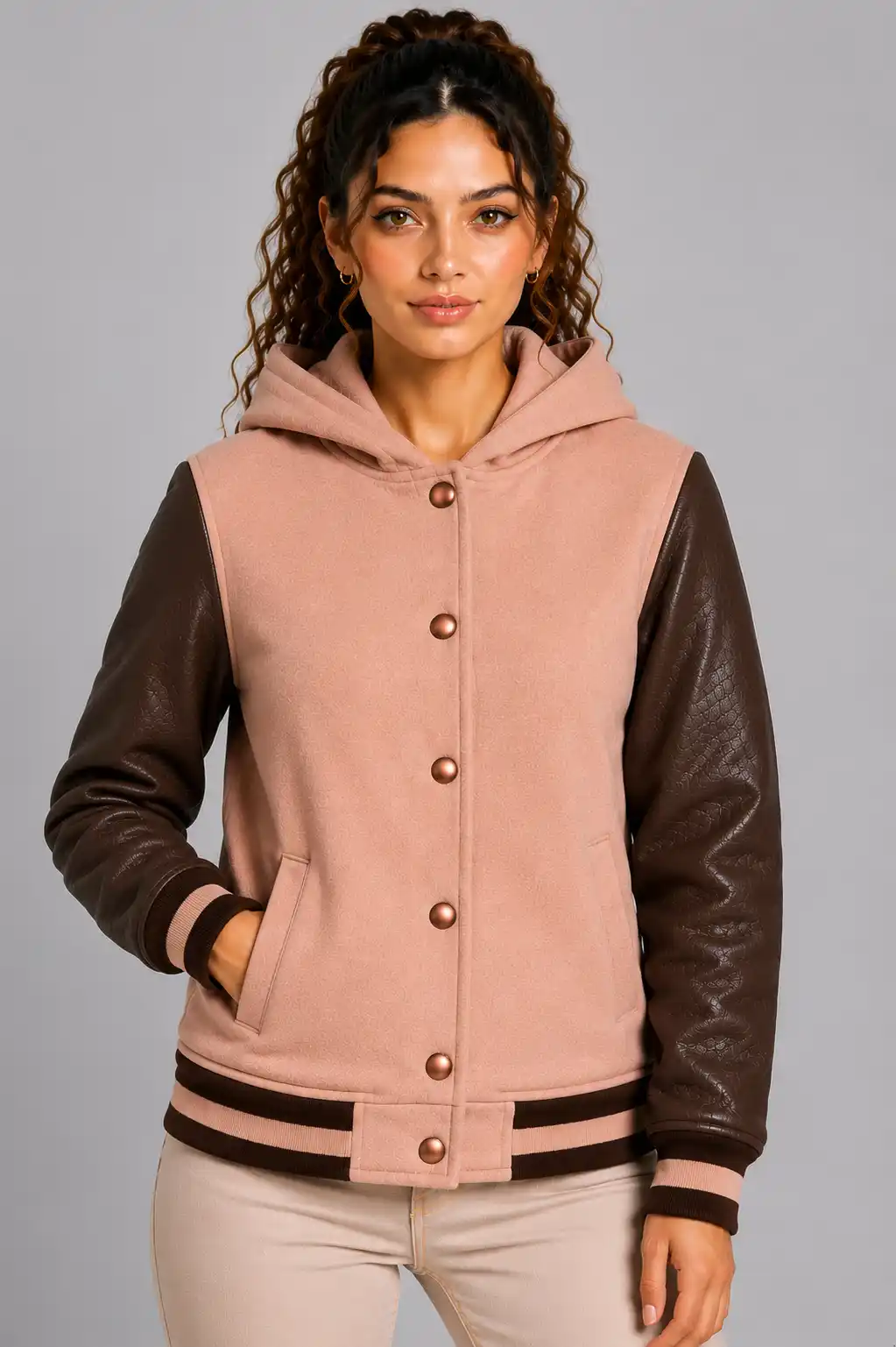 Dusty Rose Chocolate Leather Hooded Womens Varsity Jacket Rib