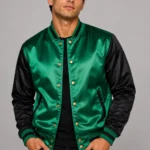 Emerald Green Black Satin Varsity Jacket Mens Forest Lining