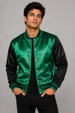 Emerald Green Black Satin Varsity Jacket Mens Forest Lining