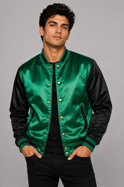 Emerald Green Black Satin Varsity Jacket Mens Forest Lining