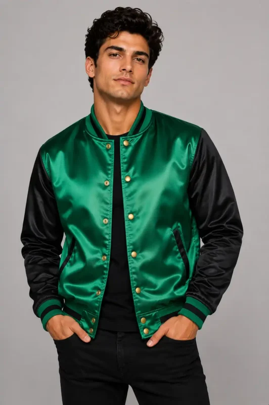 Emerald Green Black Satin Varsity Jacket Mens Forest Lining