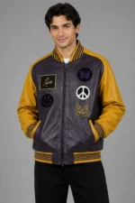Exclusive Grey Leather Varsity Jacket Gold Sleeves Peace Patch