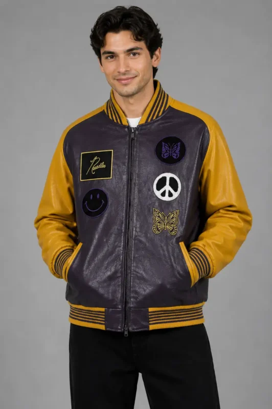 Exclusive Grey Leather Varsity Jacket Gold Sleeves Peace Patch