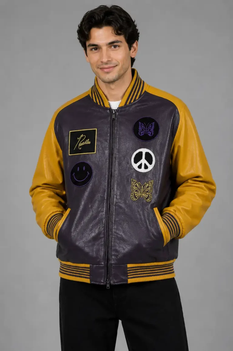 Exclusive Grey Leather Varsity Jacket Gold Sleeves Peace Patch
