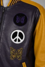 Exclusive Grey Leather Varsity Jacket Gold Sleeves Peace Patch For Sale