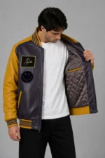 Exclusive Grey Leather Varsity Jacket Gold Sleeves Peace Patch On Sale