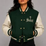 Forest Saint Embroidered Cropped Varsity Jacket Women Forest Green Cream Leather