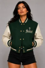 Forest Saint Embroidered Cropped Varsity Jacket Women Forest Green Cream Leather
