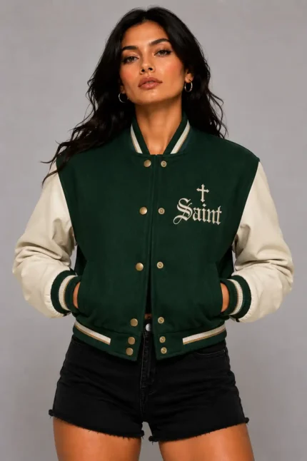 Forest Saint Embroidered Cropped Varsity Jacket Women Forest Green Cream Leather