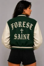 Forest Saint Embroidered Cropped Varsity Jacket Women Forest Green Cream Leather For Sale