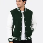 Green and White Wool Leather Varsity Jacket with Striped Ribbing