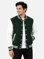 Green and White Wool Leather Varsity Jacket with Striped Ribbing
