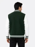 Green and White Wool and Leather Varsity Jacket with Striped Ribbing