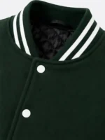 Green and White Wool and Leather Varsity Jacket with Striped Ribbing For Sale