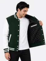Green and White Wool and Leather Varsity Jacket with Striped Ribbing On Sale