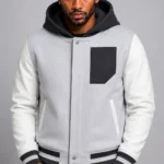 Grey Hooded Varsity Jacket Black Leather Sleeves Black Chest Patch