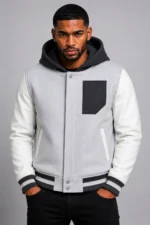 Grey Hooded Varsity Jacket Black Leather Sleeves Black Chest Patch