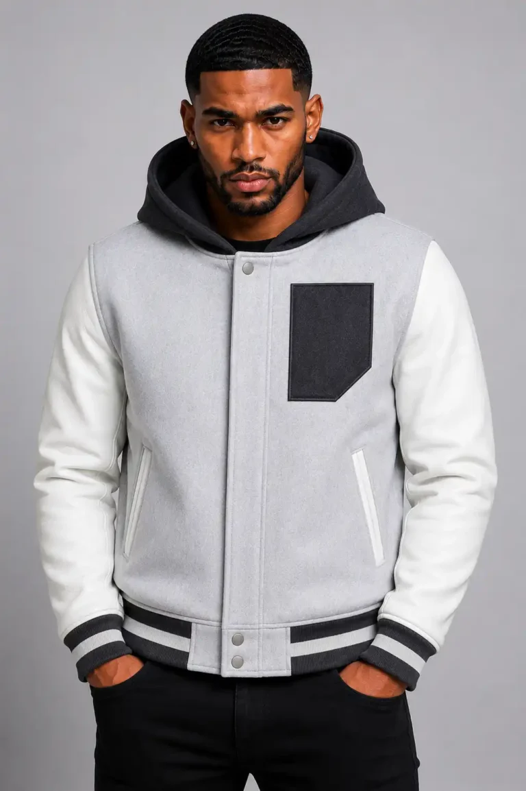 Grey Hooded Varsity Jacket Black Leather Sleeves Black Chest Patch