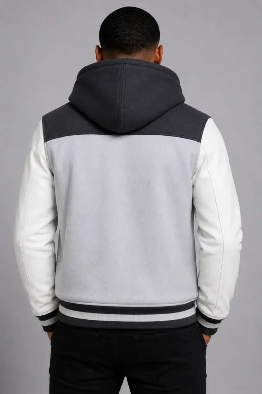 Grey Hooded Varsity Jacket Black Leather Sleeves Black Chest Patch For SALE