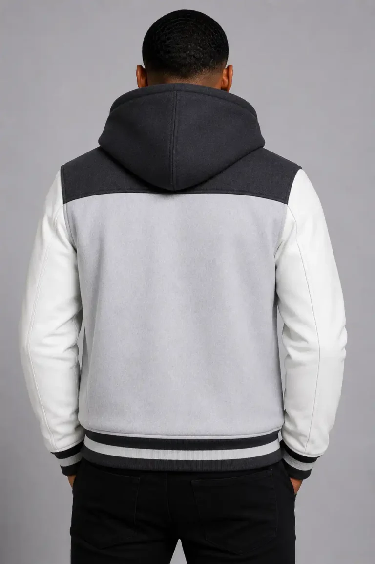 Grey Hooded Varsity Jacket Black Leather Sleeves Black Chest Patch For SALE