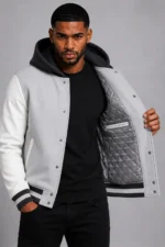 Grey Hooded Varsity Jacket Black Leather Sleeves Black Chest Patch On Sale