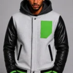 Grey Hooded Varsity Jacket Black Leather Sleeves Green Patch Hood