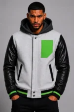 Grey Hooded Varsity Jacket Black Leather Sleeves Green Patch Hood